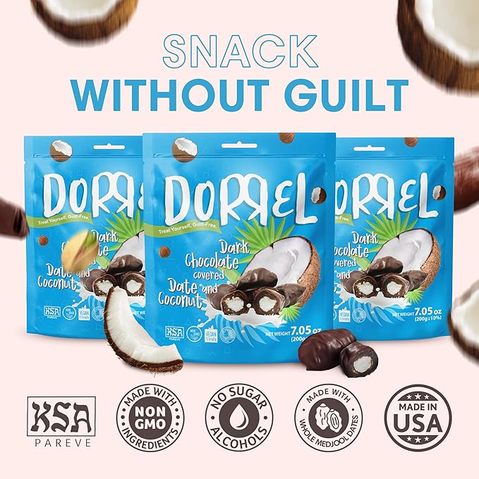 DORREL - Belgian Dark Chocolate Covered Dates (Medjool) with Coconut Stuffing, High Energy Vegan Choco Snack, Delicious, Kosher & Non-GMO, Pack of 3 Stuffed Chocolate Dates, 7.05 oz / 200 g Ea