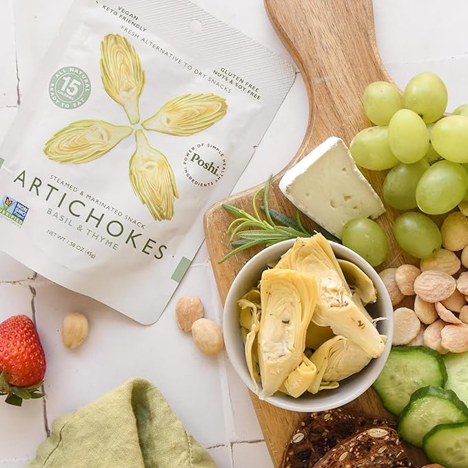 POSHI Marinated Artichoke Hearts with Basil and Thyme – On-the-Go Snack or Salad Toppers – All natural, Non-GMO Vegan, Keto, Low Carb, Gluten Free (10 Pack, 1.58 oz)