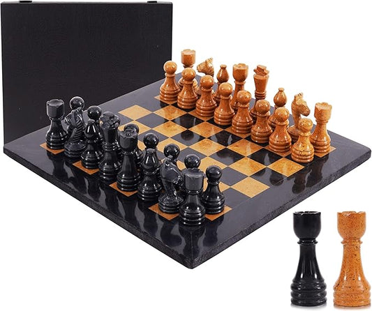 Marble Chess Set 15 Inch Handmade Black & Golden Board Game with Storage Box, Classic Travel Chess Set for Adults with Pieces & 2 Extra Queens, Elegant Gift & Home Décor