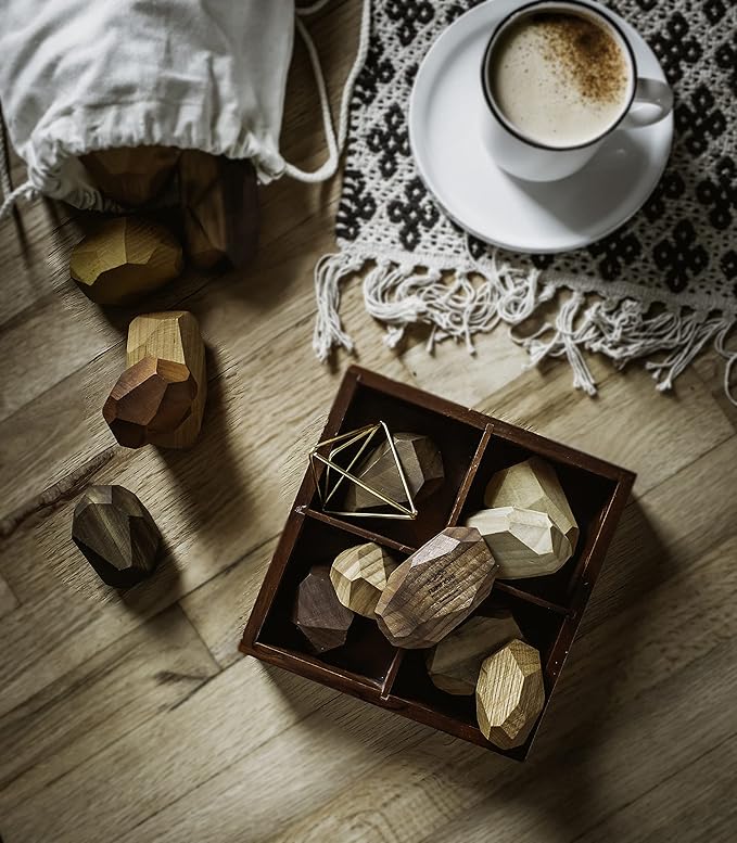 22 Piece Natural Wooden Balancing Block Set - Sensory Educational Natural Wood Toy Stacking Game - Mixed Wood Species - USA Made - Jojoba Oil and Beeswax Finish - Wood Stone Building Blocks