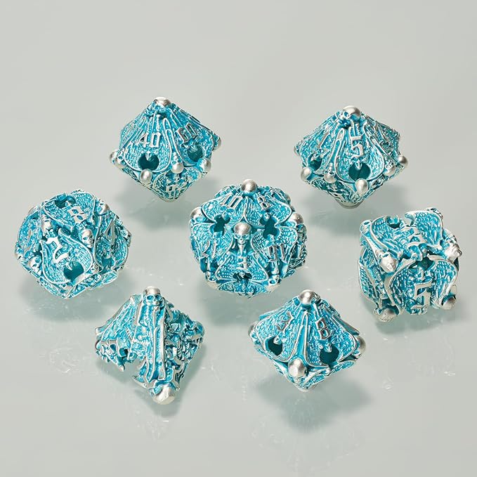 DND Metal Dice Set - Matte Blue White 7 PCS Skull Hollow for Dungeons and Dragons, MTG RPG Role Playing (D&D)