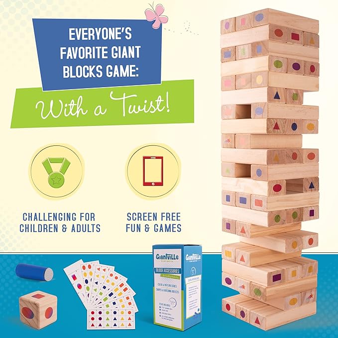 Giantville Giant Tumbling Timber Toy - Premium Pine Wood Life-Size Blocks Tower - Big Floor/Board Indoor/Outdoor Yard Game for Kids & Adults - 54-Blocks + Storage/Carry Bag - Grows Almost 4-Feet
