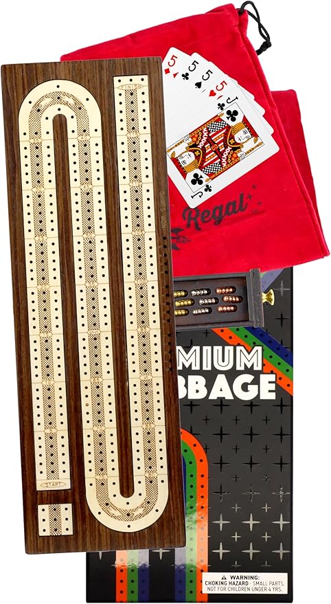 Regal Games Cribbage Board Game Set with Card Storage, Wooden Board & 9 Metal Pegs - Unique Luxury Classic Board Games - Ideal for 2-4 Person