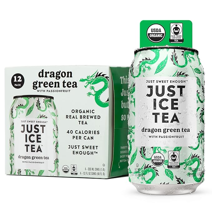 Just Ice Tea, Dragon Green Iced Tea, 12-Pack (12oz Cans), Green Tea, USDA Certified Organic, Real Brewed, Low Calorie, No Artificial Sweeteners, Fair Trade, Made in USA.