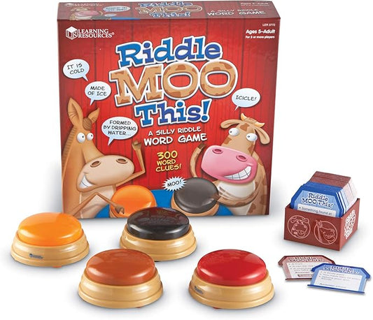 Learning Resources Riddle Moo This - A Silly Riddle Word Game, 150 Cards, 4 Buzzers, Ages 5+, Multi Color (LER3772)