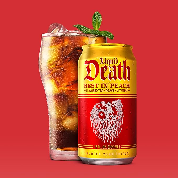 Liquid Death, Rest in Peach Iced Tea, 12-Pack (12 oz Cans), Peach Flavored Back Tea, Low Calorie, No Artificial Sweeteners, B12 & B6 Vitamins