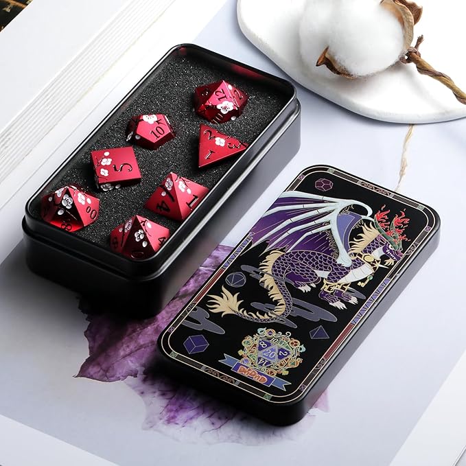 Matt Red DND Metal Dice, DNDND 7 PCS Heavy Metallic D&D Dice Set with Gorgeous Gift Case for Dungeons and Dragon Tabletop Game (Matte Red with White Flower)