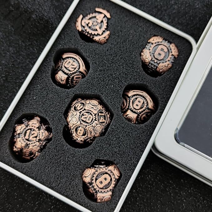 Geakeeper Construct D&D Dice, Metal DND Dice Set, 7Pcs Polyhedral Dragon Metallic D&D Dice with Gift Case for Dungeons and Dragon Game, RPG Role Playing Table Game Gifts (Red Copper)