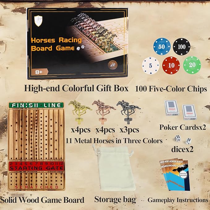 HOROW Horse Racing Board Game Solid Wood Horse Race Card and Dice Board Game Luxury Edition Set with 11 Metal Horses,100 Poker Chips,2 Dices and 2 Boxes of Cards, 15 Inch Light Flame
