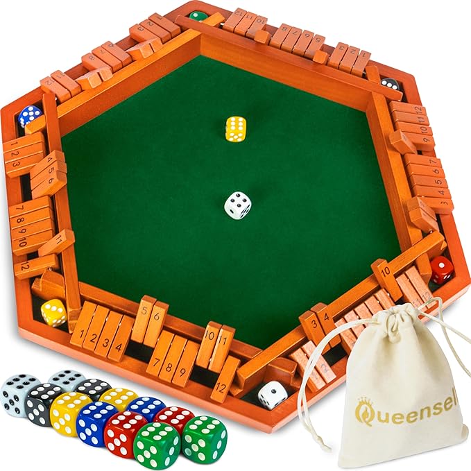 Queensell Shut The Box Game 12 Numbers for 1-6 Players - 16-inch Wooden Board Shut The Box Game 12 Numbers for Adults & Kids - Ideal for Games Night