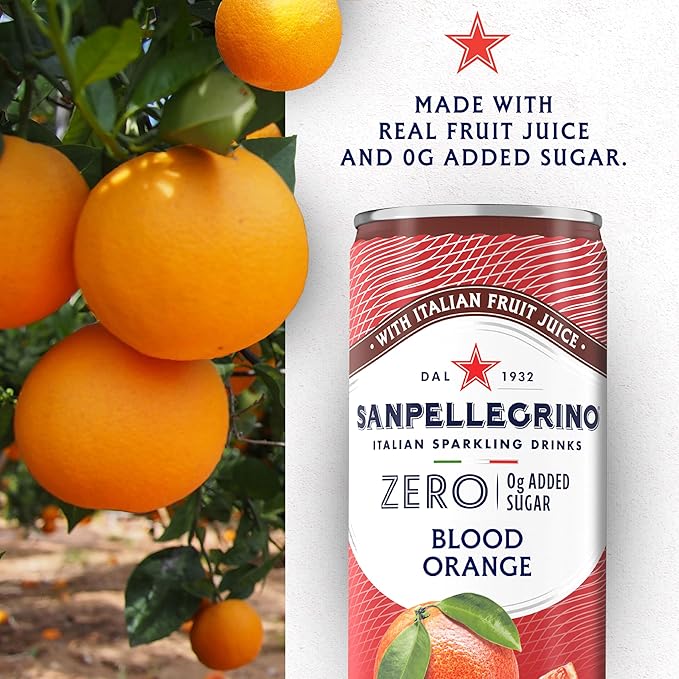 Sanpellegrino Zero Grams Added Sugar Sparkling Orange And Blood Orange Beverage, Italian Sparkling Drink, 24 Pack Of 11.15 Fl Oz Cans, San Pellegrino Italian Sparkling Drinks, Low Calorie Sparkling Fruit Beverages