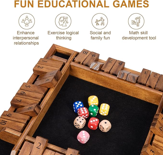 Shut The Box Dice Game with 16 Dice,1-4 Players Wooden Board Table Math Game for Kids Adults, Classic Dice Board Game for Classroom,Home,Party or Pub（12 inches）