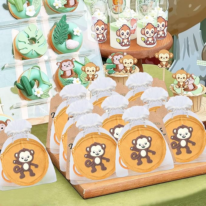 15 Pack Monkey Mini Coin Purse with Keyring for Monkey Themed,Mammal Animals,Jungle Animal,Forest,Baby Shower Wild ONE Party Supplies,Khaki