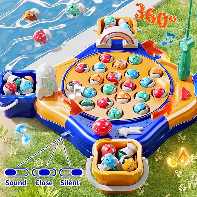 Magnet Fishing Game for Kids Toddlers Aged 3 4 5 6 7 8 - Fishing Toys with 48 Fishes Toys, 8 Poles, Rotating Board Game with On-Off Music, Educational Birthday Gifts for Boys Girls 1-3(Blue)