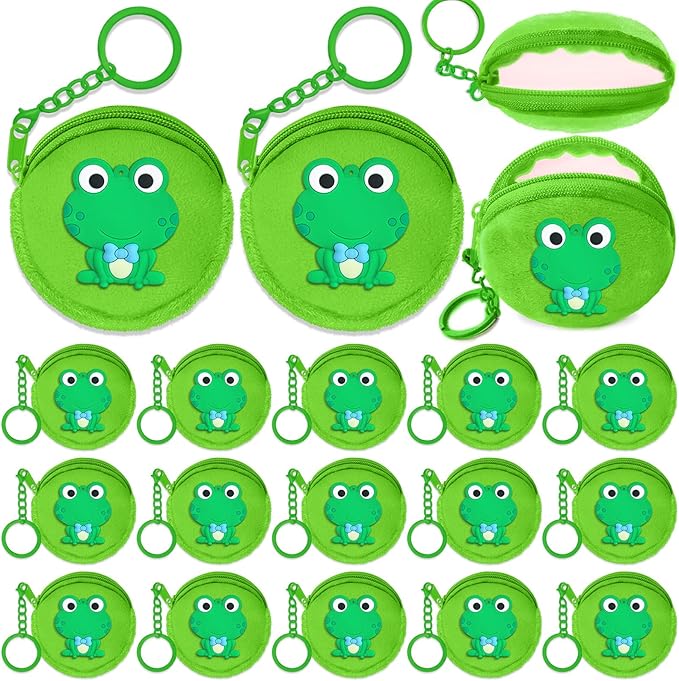15 Pack Frog Mini Coin Purses with Keyring for Green Frog Lover,Baby Shower,First Birthday Reptile Camping Decoration,Green