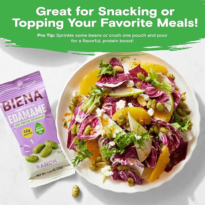 Biena Crispy Roasted Edamame Beans Snack – High Protein Low Carb Snack for Adults & Kids, 12g Protein per Serving - Made w/Avocado Oil – Vegan, Gluten-Free – 10-Pack, 1.05oz Bags, Ranch
