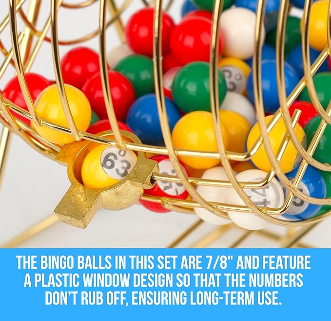 Regal Bingo Professional Bingo Game Set with 11" Wheel Cage, 75 Bingo Balls, Master Board, 18 Bingo Cards & 25 Jumbo Reusable Cards, and Colorful Chips - Bingo Games for Adults Large Group - Gold