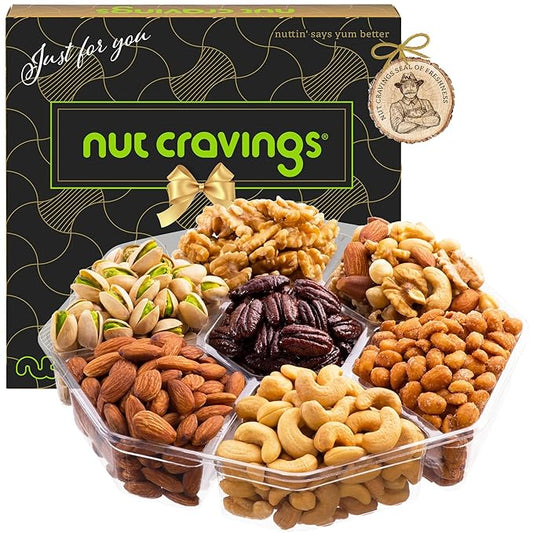 NUT CRAVINGS - Mixed Nuts Gift Basket in Black Gold Box (7 Assortments, 2 LB) Food Arrangement, Healthy Snack Care Package, Kosher