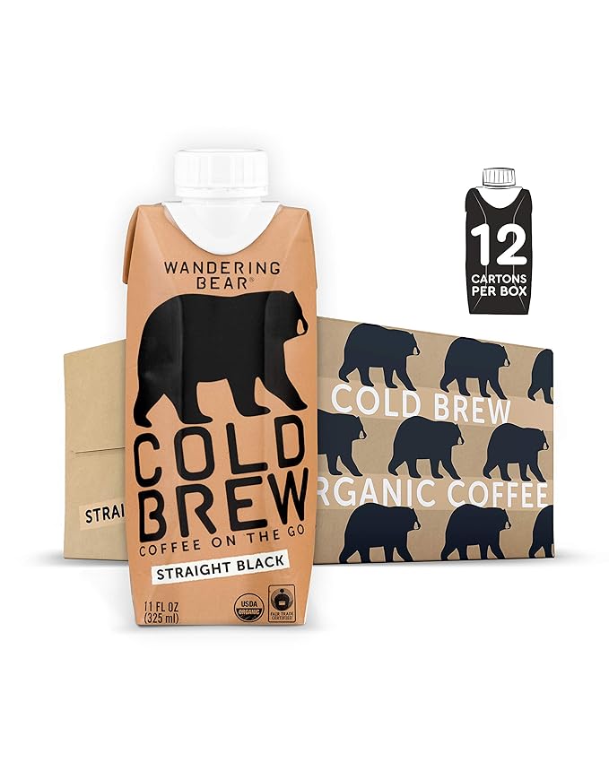 Wandering Bear Straight Black Organic Cold Brew Coffee On-the-Go, 11 fl oz, 12 pack - Extra Strong, Bold, Smooth, Unsweetened, Shelf-Stable, Ready to Drink, 100% Organic Iced Cold Brewed Coffee Drinks