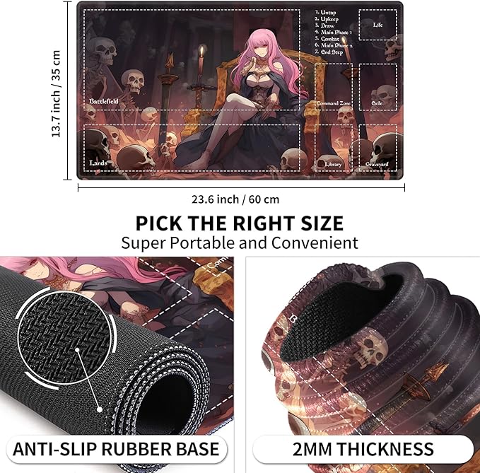 Playmat with Zones for MTG Card Game Playing, Game Mats Tabletop Magic Play Mats 24"x14" Commander Deck Gaming Desk Duel Mat Card Gameplay Mats for Beginner, Queen of Death