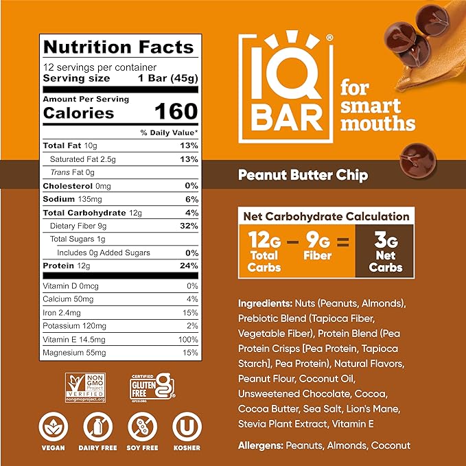 IQBAR Brain and Body Plant Protein Bars - Peanut Butter Chip - 24-Count Low Carb - Gluten Free, High Fiber, Vegan Snacks - Low Sugar Meal Replacement