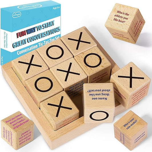Garybank Sharing Joy Talking Tic Tac Toe Therapy Games for Teens Kids, Great Conversation Starter - Building Relationship, School Game for Counselors Gifts, Wooden Blocks for Family Conversation Night