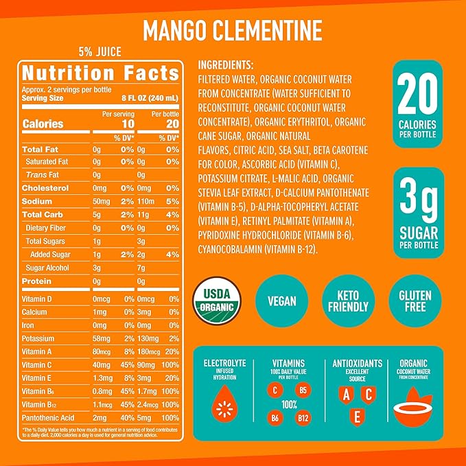 Roar Organic Electrolyte Infusions - USDA Organic - Mango Clementine - with Antioxidants, B Vitamins, Low-Calorie, Low-Sugar, Low-Carb, Coconut Water Infused Beverage 18 Fl Oz (Pack of 12)