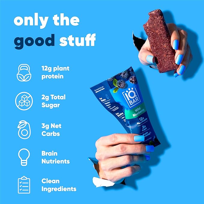 IQBAR Brain and Body Plant Protein Bars - Wild Blueberry - 24-Count Low Carb - Gluten Free, High Fiber, Vegan Snacks - Low Sugar Meal Replacement