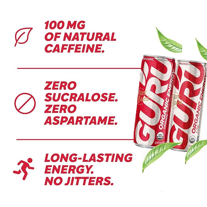 GURU Original and Lite Low Sugar Energy Drink Bundle, 48 Pack, Pre Workout Clean Energy Drinks with Green Tea, 100 mg Natural Caffeine, Low Calorie, Vegan, Organic, Plant Based, 8.4 oz Cans