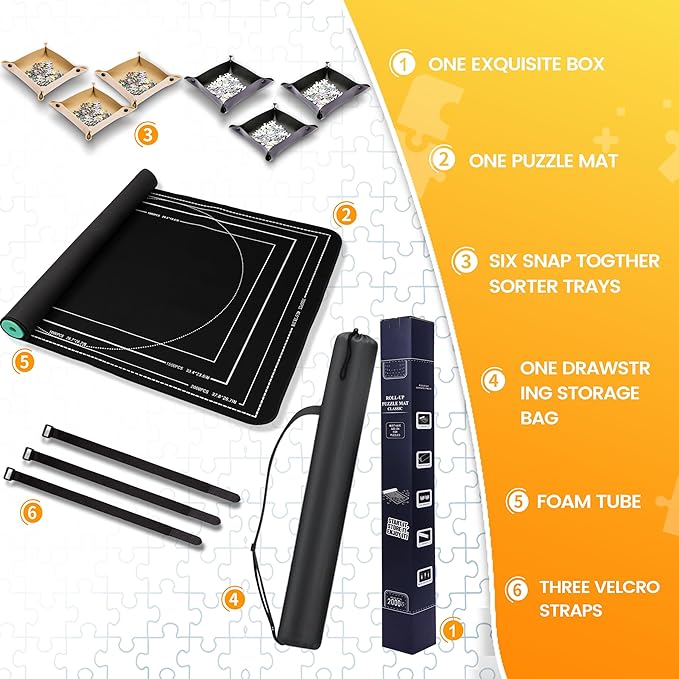 Jigsaw Puzzle Mat Roll Up, Portable Saver Pad 48” x 31” Up to 2000 Pieces, Puzzles Matt Rollup with Non-Slip Rubber Bottom & Smooth Top. (6 Puzzle Sorting Trays & 1 Storage Bag)