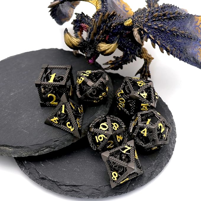DND Dice, Dungeons and Dragons Metal Dice Set Polyhedral Role Playing Gaming HNCCESG Hollow Cthulhu Dice for Table Game RPG (Black)