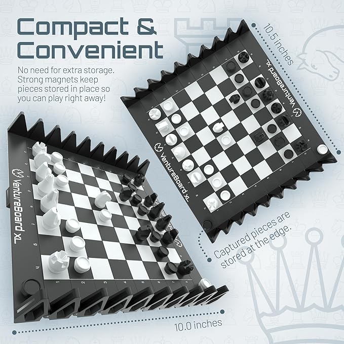 XL Full-Size 10 Inches Magnetic Unique Chess Set Board Game - Folding Board, Travel Chess Board Game Pieces - (Black/Grey)