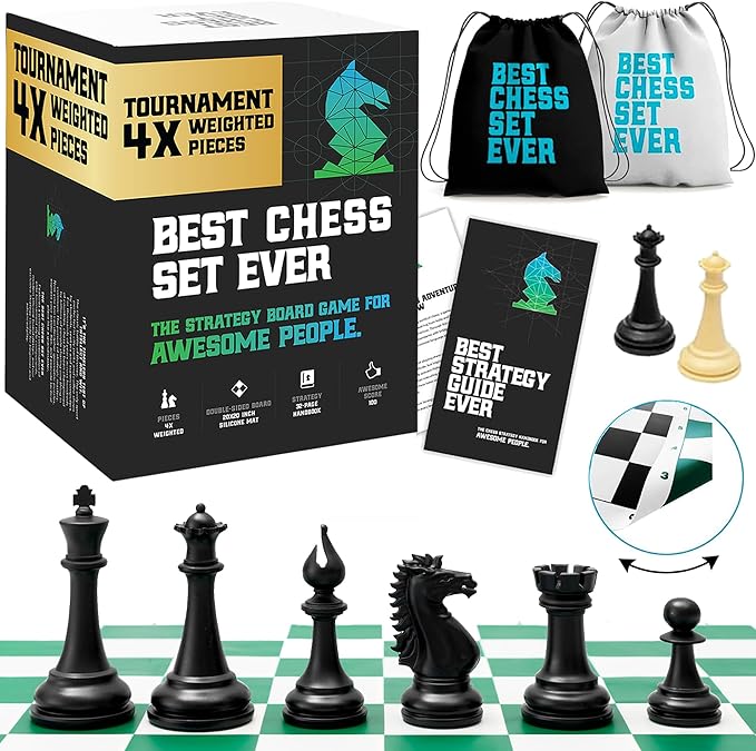 Best Chess Set Ever 4X Quadruple Weighted Tournament Chess Game (4.4" King) Large Staunton Modern Pieces, 20x20 Big Reversible & Foldable Silicone Mat, Professional Chess Board Set for Adults & Kids