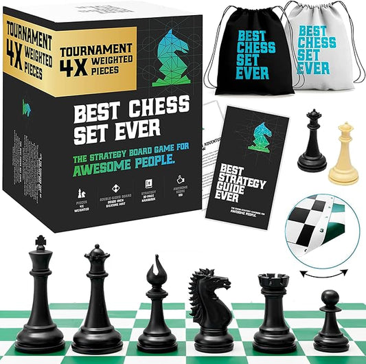 Best Chess Set Ever 4X Quadruple Weighted Tournament Chess Game (4.4" King) Large Staunton Modern Pieces, 20x20 Big Reversible & Foldable Silicone Mat, Professional Chess Board Set for Adults & Kids