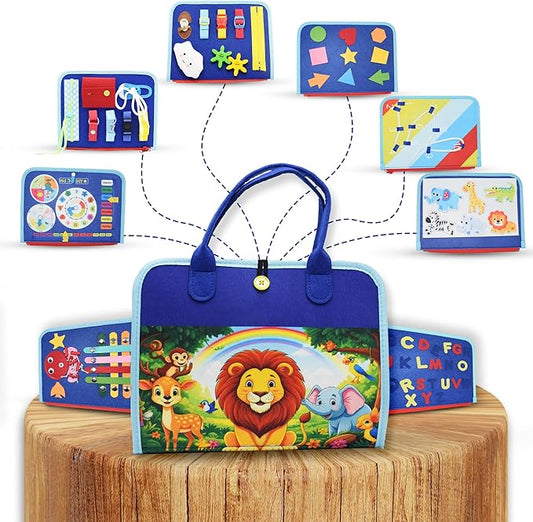 Montessori Busy Board for Toddlers, Sensory Creative Activity Toy for Fine Motor Skills Development, Educational Travel Companion for Boys & Girls, Rainbow Safari.
