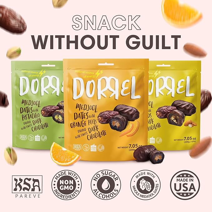 DORREL - Trio Bundle Pack: Belgian Dark Chocolate Covered Dates Medjool with Candied Orange Peels, Salted Almonds & Pistachio Stuffing, High Energy Kosher Non-GMO Choco Snack Pack of 3, 7.05 oz Ea