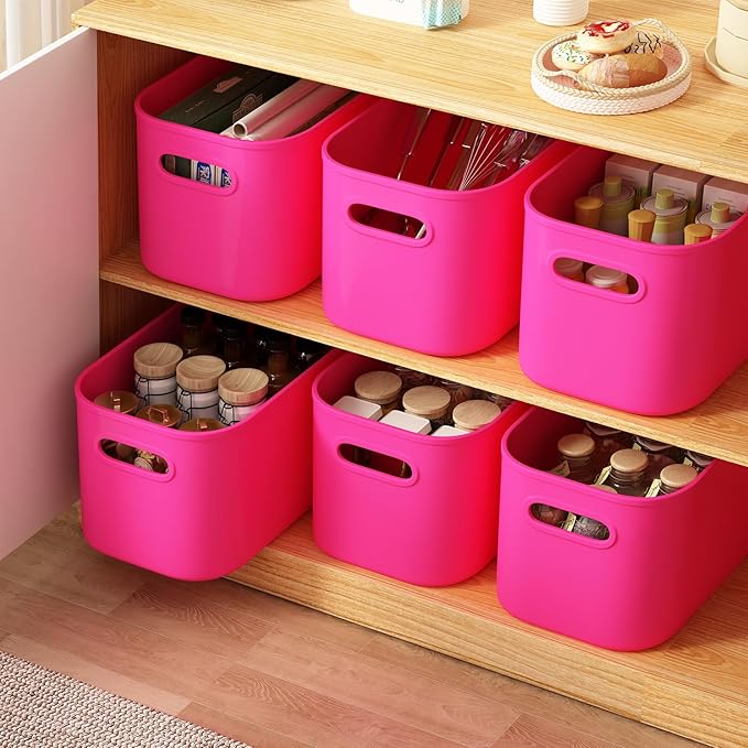 6 Pack Pink Storage Bins with Lids Stackable Storage Container for Organizing, Storage Boxes with Handle for Shelves, Cute Storage Bin for Craft, Snacks, 9.85x6.9x5.7 inch