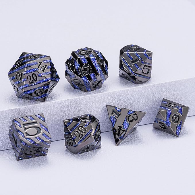 Anitque Metal Dice D&D,Metal Glitter Stripe Dice 7pcs Set with Gift Case,Polyhedral Dice for Role Playing Game (Black Nickel Dark Purple)