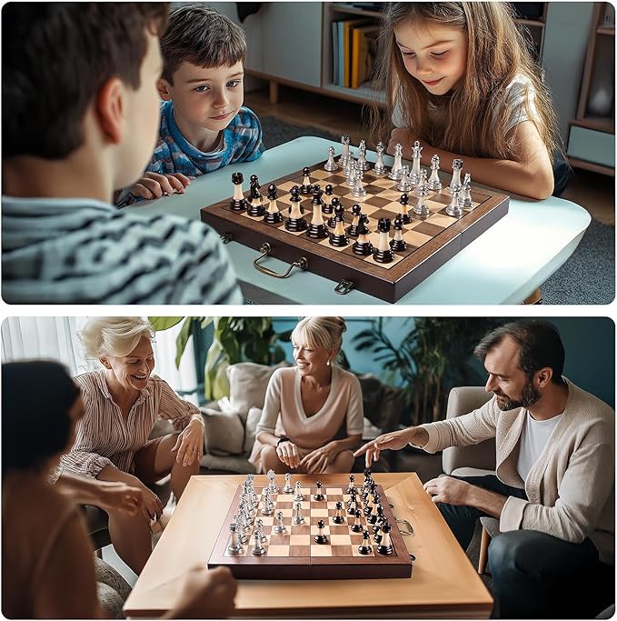 Deluxe Chess Set 16.5'' Wooden Large Folding Chess Board Game with Handle, Weighted Acrylic Chess Pieces - 3.5" King with Storage Slots for Beginners, Professional Players