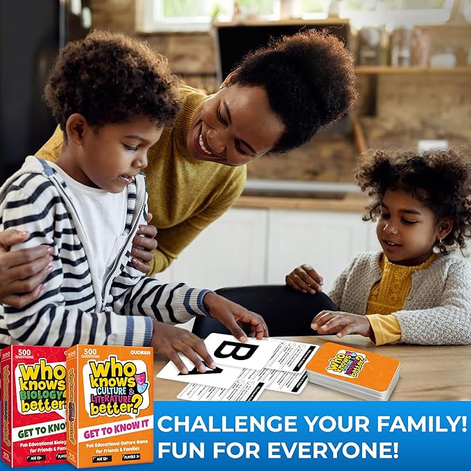 QUOKKA Board Games for Kids 8-12 and Family - Set of 4 Who Knows It Better? - 2000+ Questions Across Biology, Culture, STEM and Math - Educational Trivia Cards for Learning and Game Night