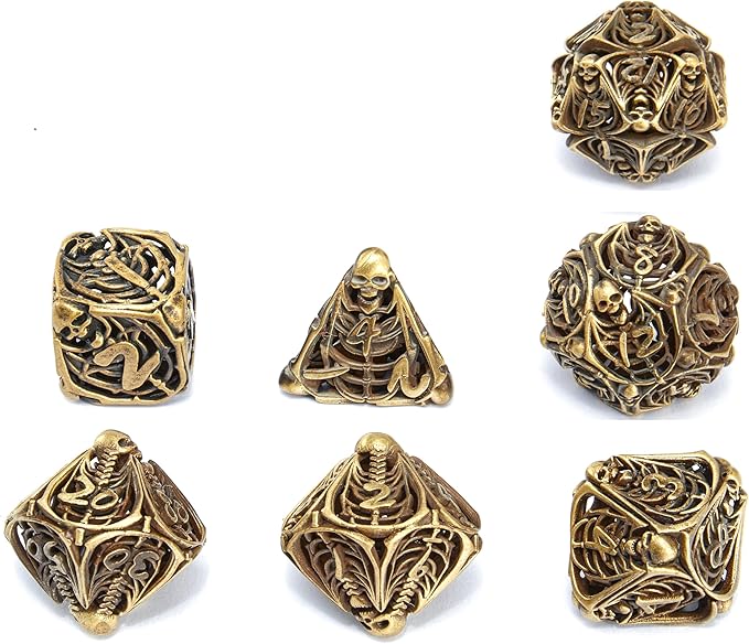 Metal Skull Dice Set Hollow Multi-Sided Dungeons & Dragons Dice 7CPS Role-Playing Dice Set with Flannel Bag Suitable for D&D Board Game Cards(Ancient Bronze)