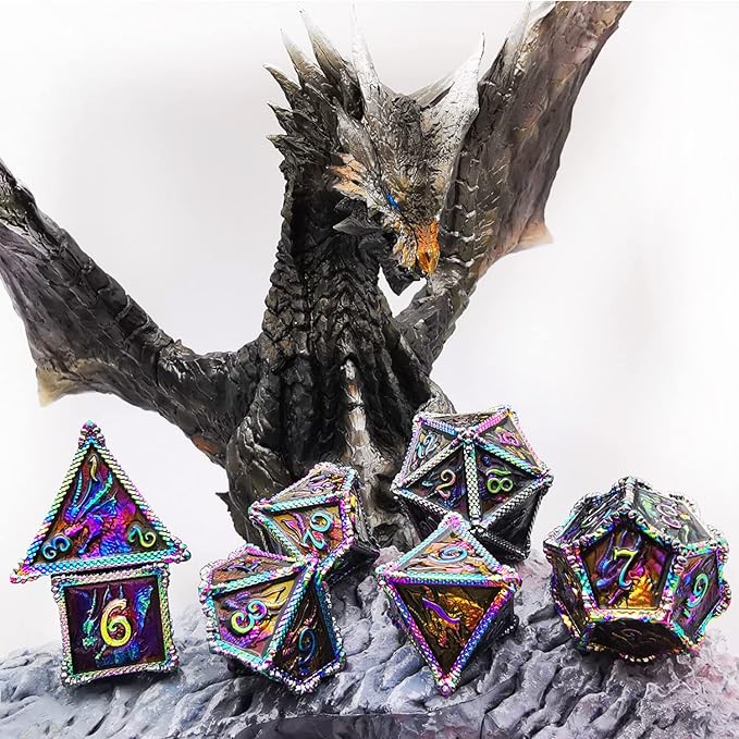 HAOMEJA DND Dice Metal Dragon Set Dice 7 Role Playing Dice D&D Solid Dice Dungeons and Dragons (Colorful Black)