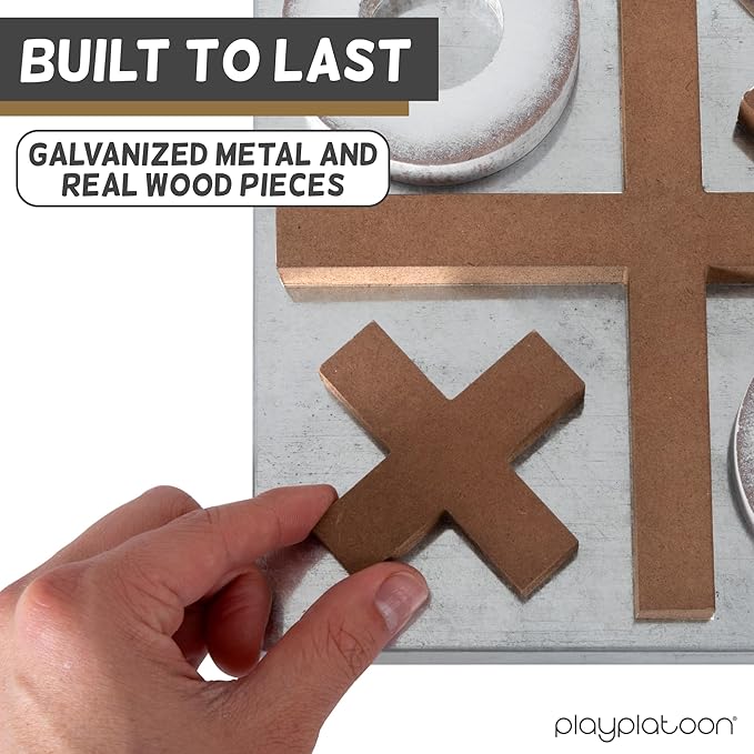 Play Platoon Magnetic Tic Tac Toe Game - Large Metal and Wooden Wall Mounted Board Games - 13.5 Inch Table Top or Wall Mounted Farmhouse Rustic for Game Room - Barnwood