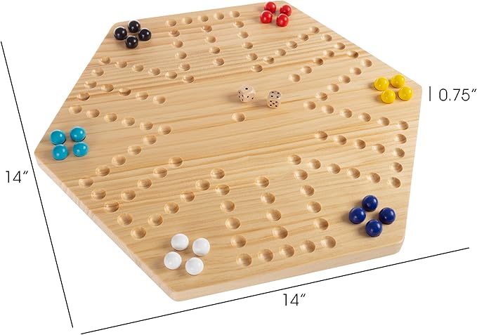 Hey! Play! Classic Wooden Strategic Thinking Game-Complete Set with Board, 24 Colored Marbles, 2 Dice-Fun Vintage 6-Player Game for Kids and Adults
