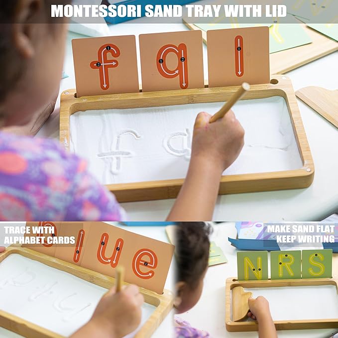 Montessori Sand Tray with Lid - Wooden Sand Trays for Kids - Writing Letters and Numbers (White)