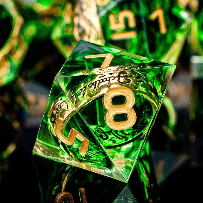 Magic Golden Ring DND Dice with Box, Green Sharp Edge Handmade D and D Polyhedral Dice for use with D&D Tabletop Games RPG, Lord Resin Dice D20 D12 D10 D8 D6 D4