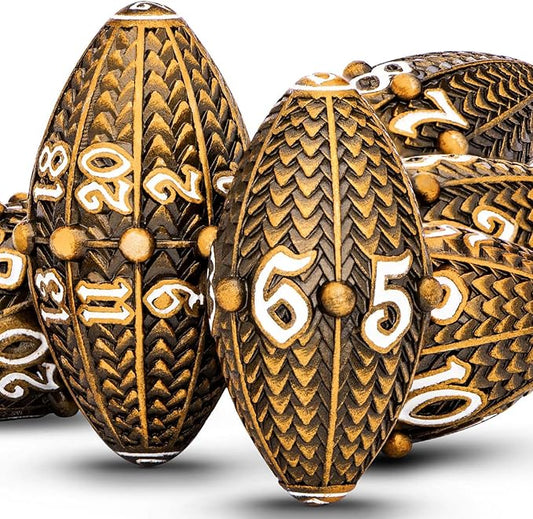 ARUOHHA DND Metal Dice Antique Gold Dragon Egg Dice with Metal Box, Role Playing Game RPG Polyhedral D and D Dice Set D20 D12 D10 D8 D6 D4