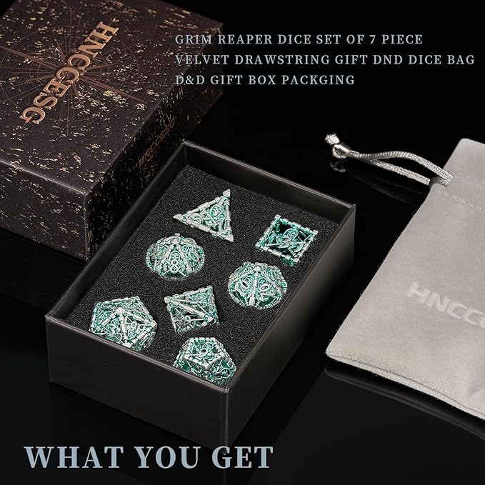 DND Hollow Polyhedral Dice Set, Metal Green White Grim Reaper of 7 Piece Role Playing Dice, for Dungeons and Dragon Dice or RPG MTG Table Game(Green and White)