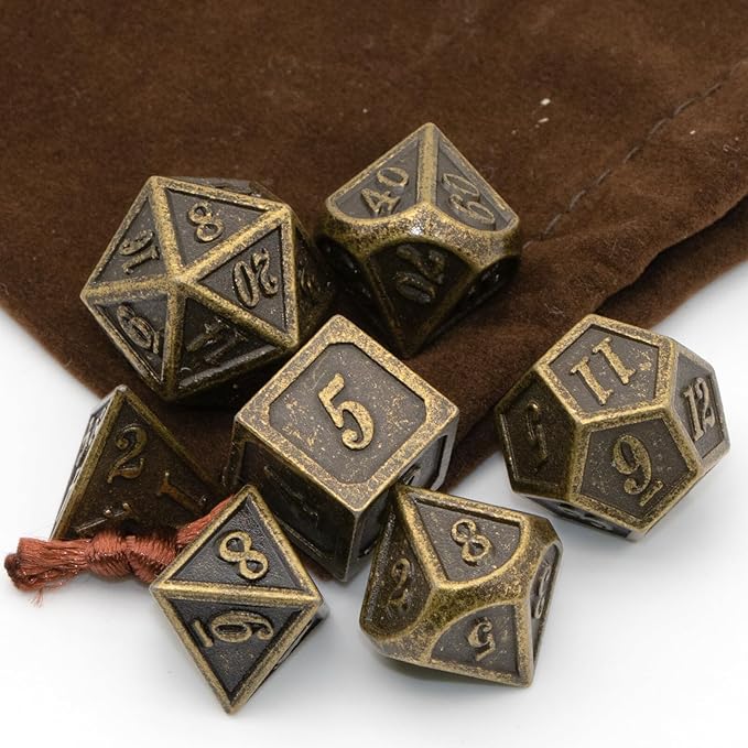 Metal Dice Set, HNCCESG Polyhedral D&D Dice for Dungeons and Dragons RPG DND Dice for Role Playing MTG Tabletop Gaming Shadowrun Pathfinder 7PCS D20 D12 D10 D8 D6 D4（Antique Bronze）