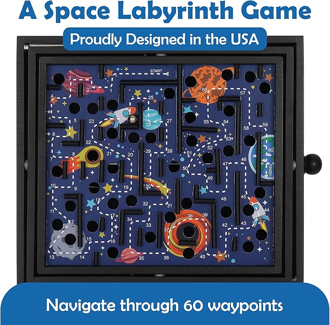 STERLING Games Wooden Labyrinth Space Shuttle Theme Tilt Maze Game with Marble Ball and 60 Waypoints for 6 Years Up, 13.5" x 13" Board
